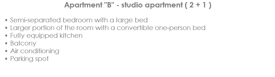 Apartment "B" - studio apartment ( 2 + 1 ) Semi-separated bedroom with a large bed
Larger portion of the room with a convertible one-person bed
Fully equipped kitchen
Balcony
Air conditioning
Parking spot