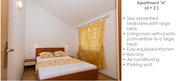 ﷯Apartment "A" (4 + 2 ) Two separated bedrooms with large beds
Living room with a sofa (convertible to a large bed)
Fully equipped kitchen
Balcony
Air conditioning
Parking spot
